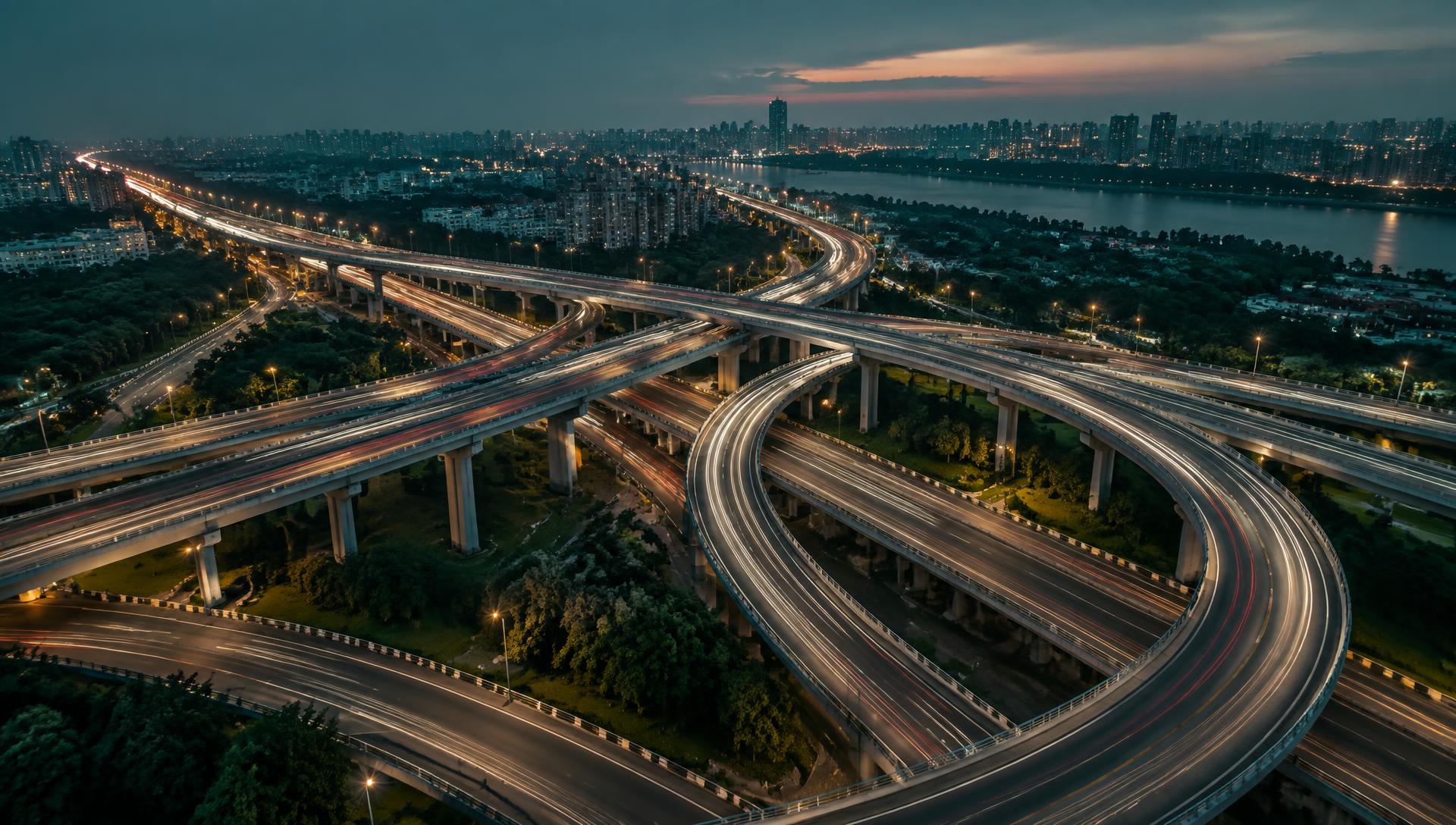 Aerial view of a multi-level highway interchange at dusk